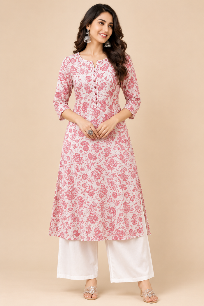 Rose Pink Floral Printed Kurta with White Bottoms
