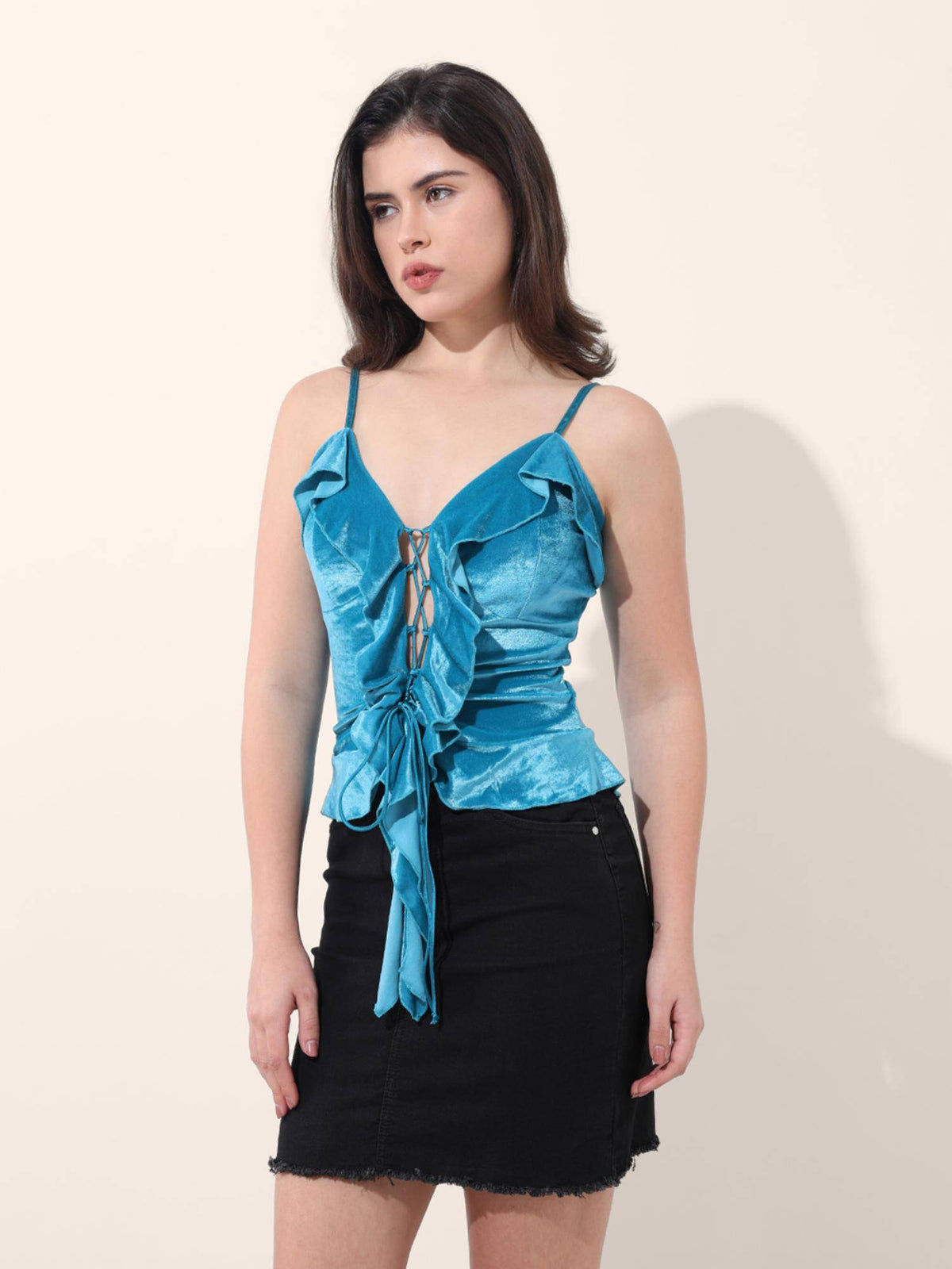 Pink Fitted Solid Strappy Ruffled Top | HT67 - view 7