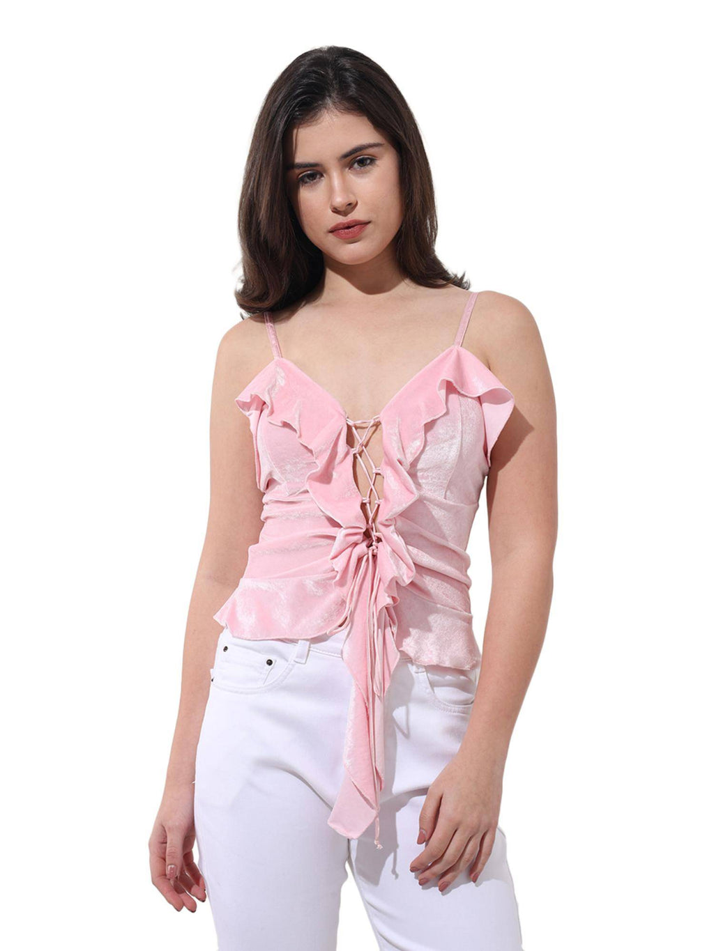 Pink Fitted Solid Strappy Ruffled Top | HT67 - view 1