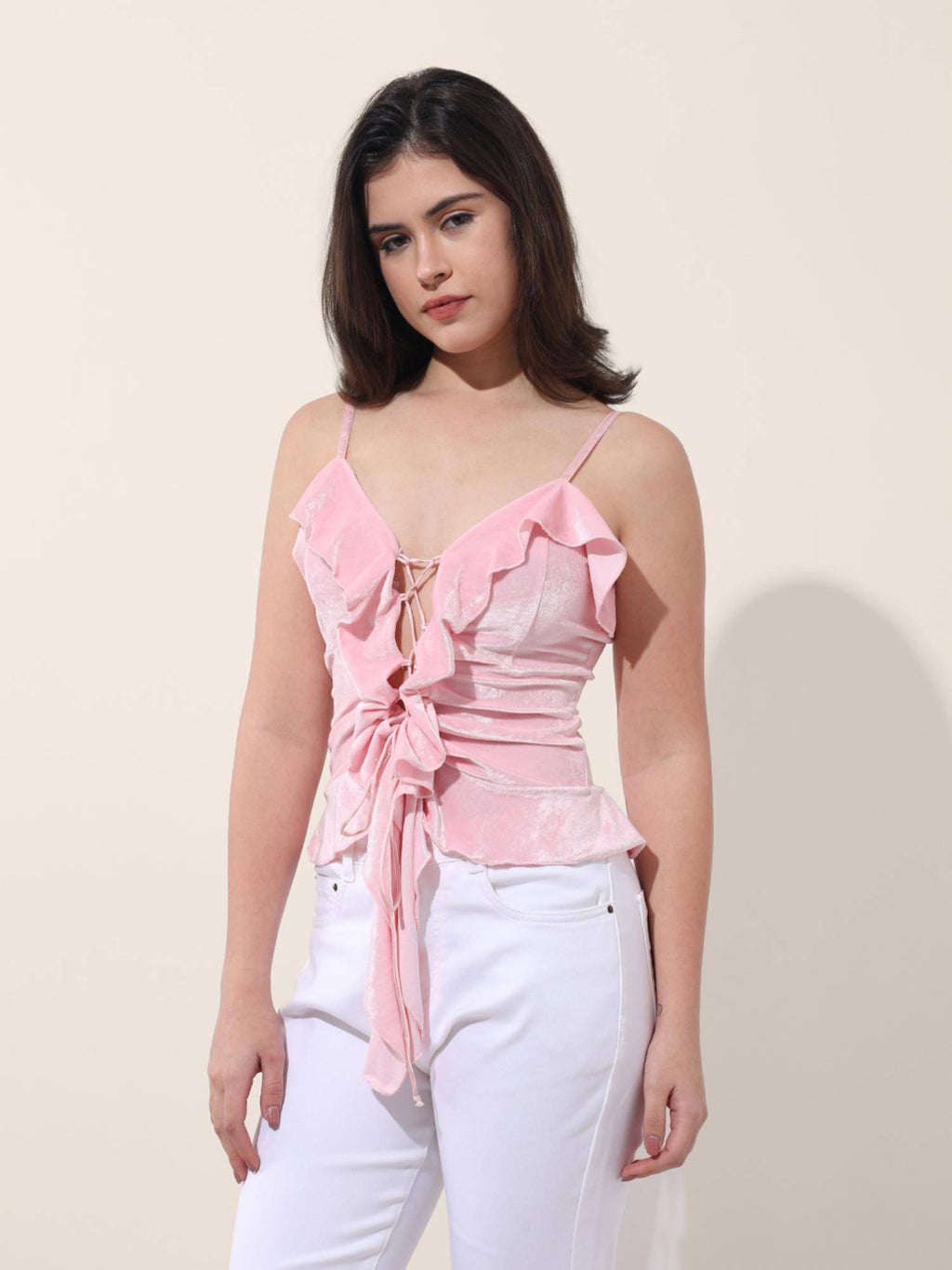 Pink Fitted Solid Strappy Ruffled Top | HT67 - view 3