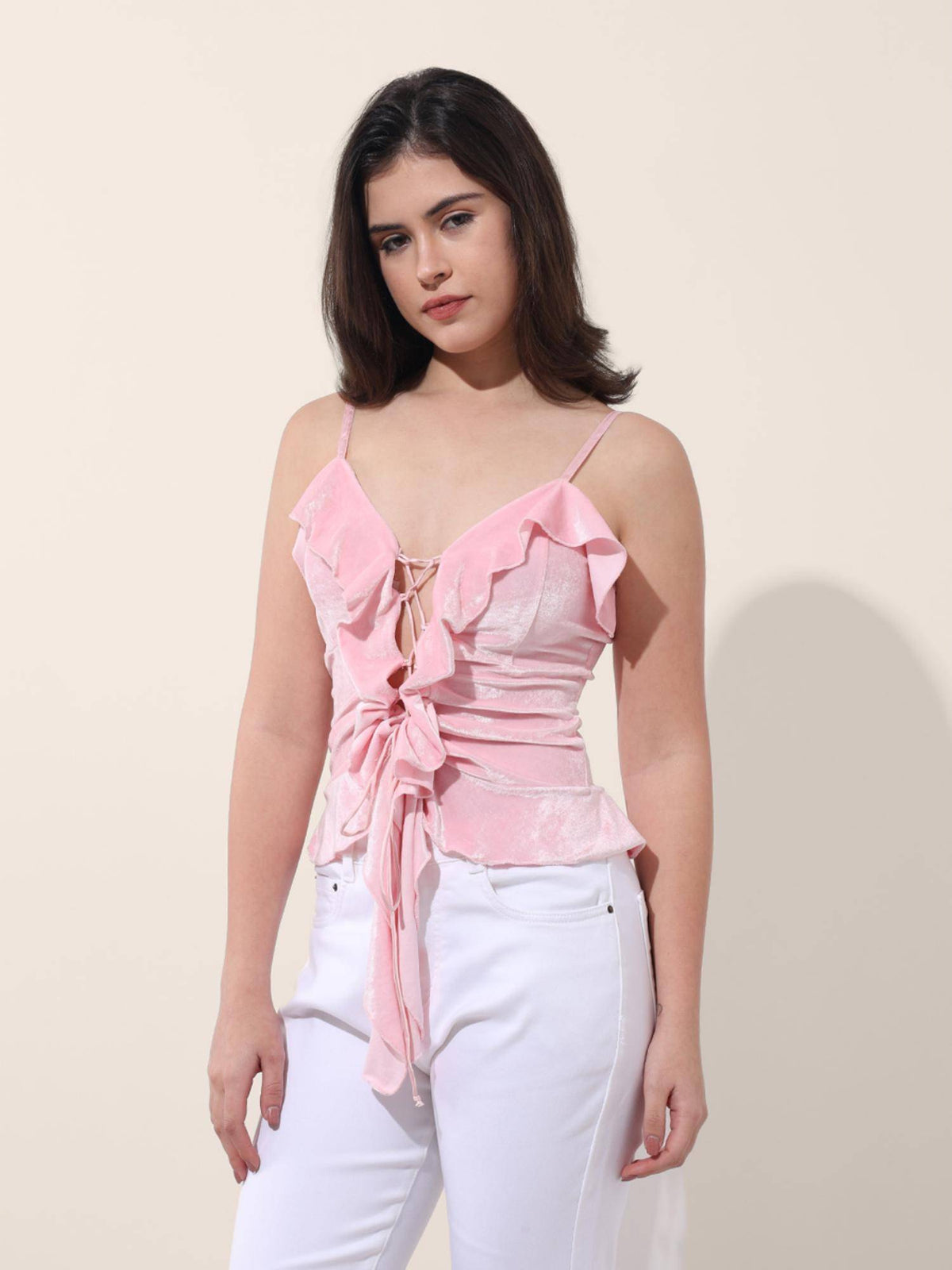 Pink Fitted Solid Strappy Ruffled Top | HT67 - view 3