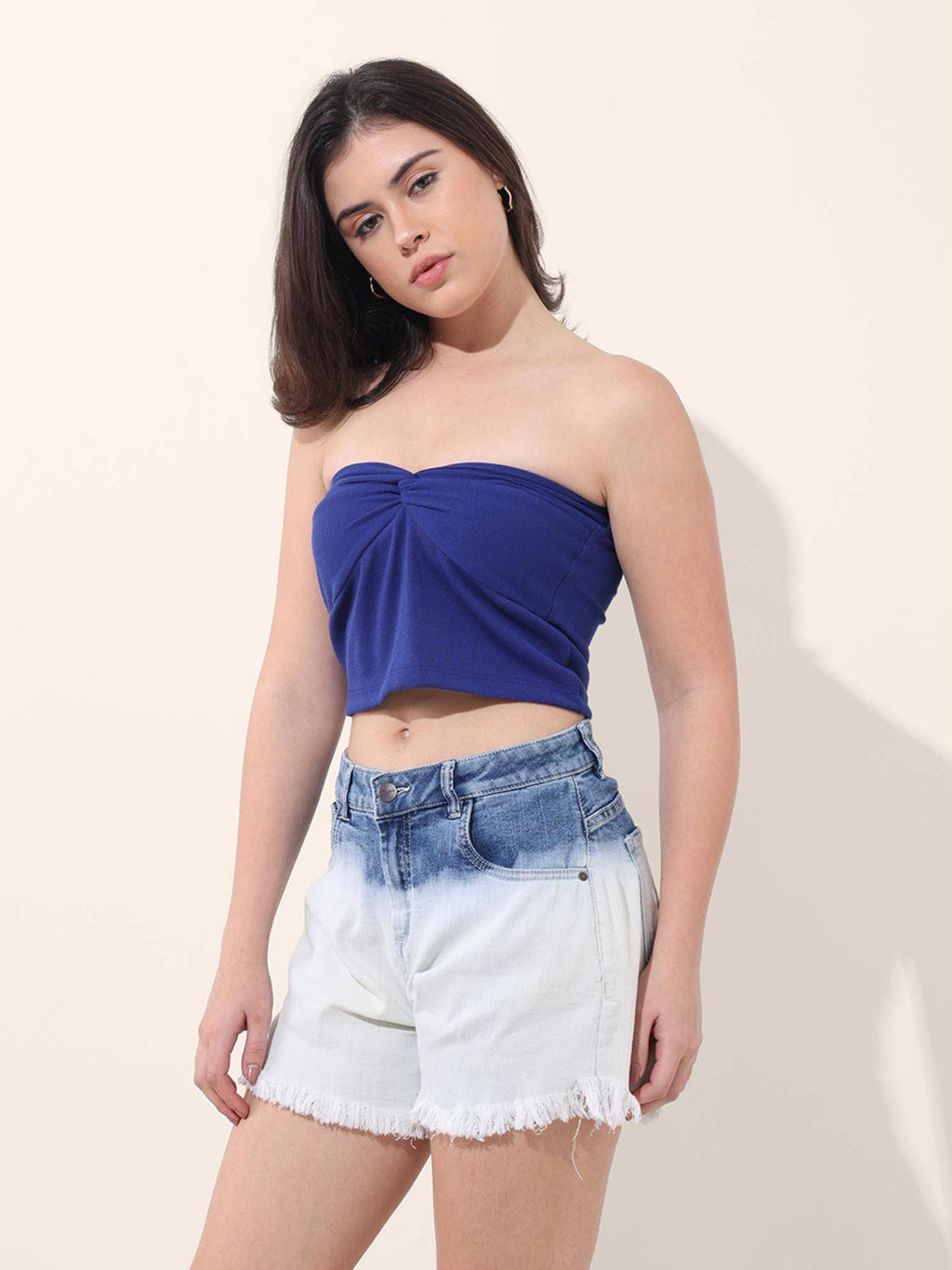 Blue Fitted Solid Strapless Crop Top | TT90 - view 3