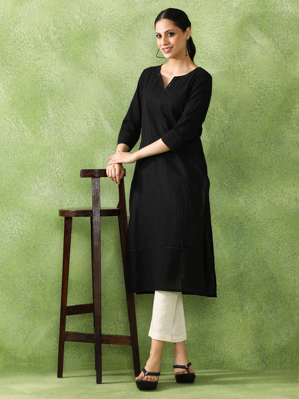 Woven Design Embroidered Straight Pure Cotton Black Kurta | U3S - view 1