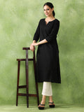 Woven Design Embroidered Straight Pure Cotton Black Kurta | U3S - view 1