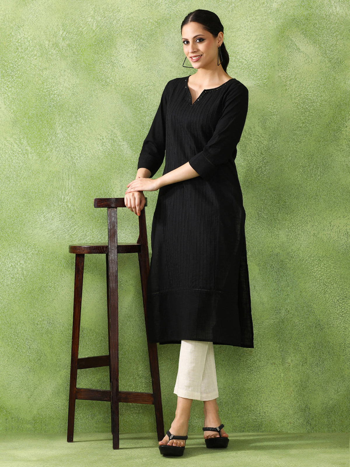 Woven Design Embroidered Straight Pure Cotton Black Kurta | U3S - view 1