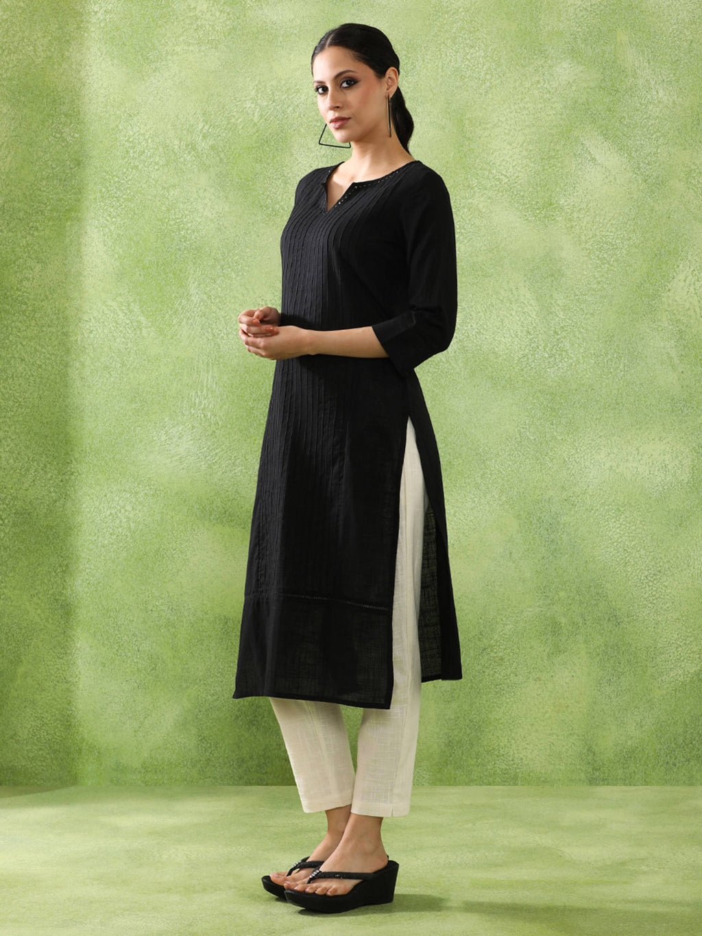 Woven Design Embroidered Straight Pure Cotton Black Kurta | U3S - view 3