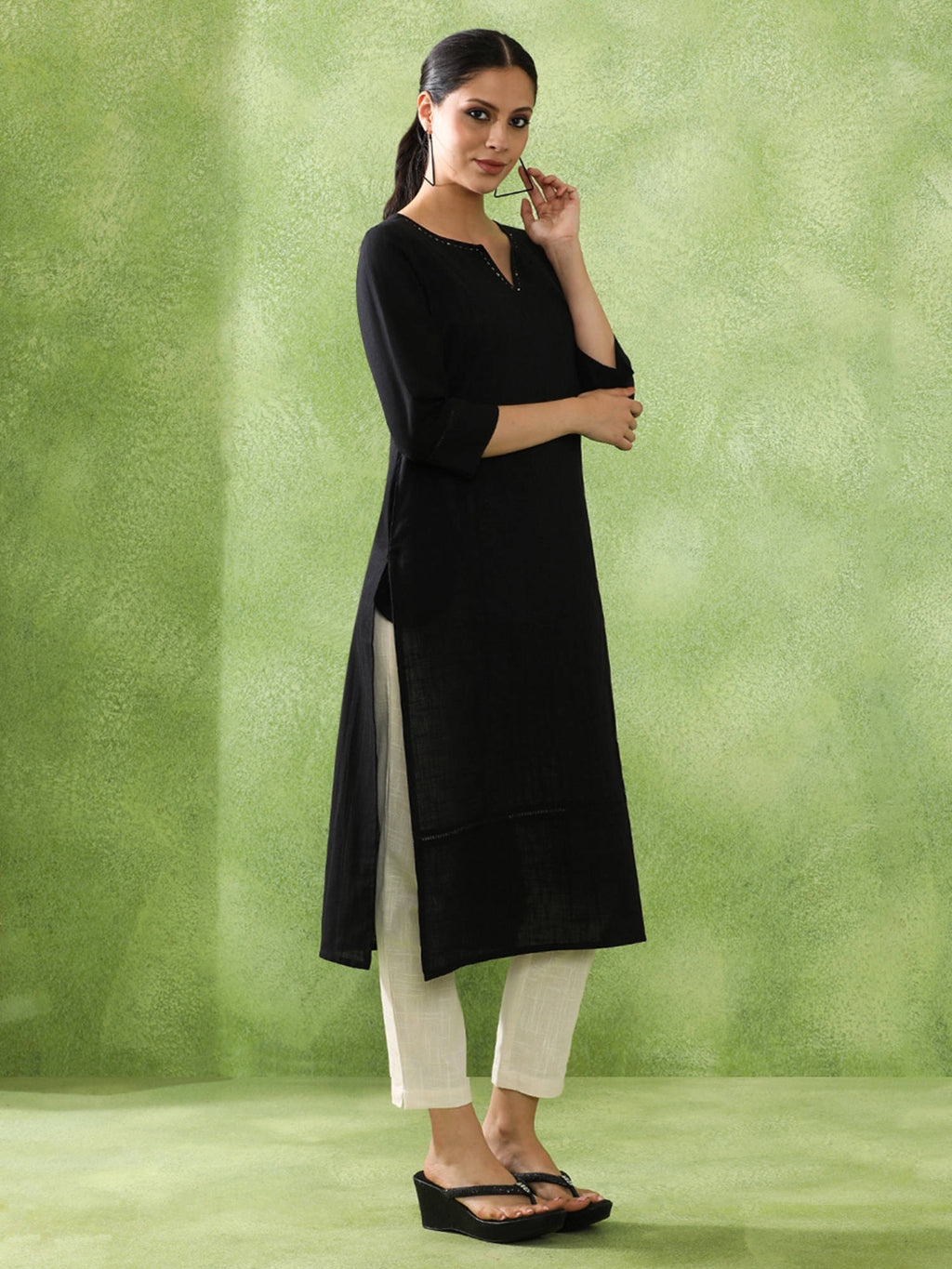 Woven Design Embroidered Straight Pure Cotton Black Kurta | U3S - view 4