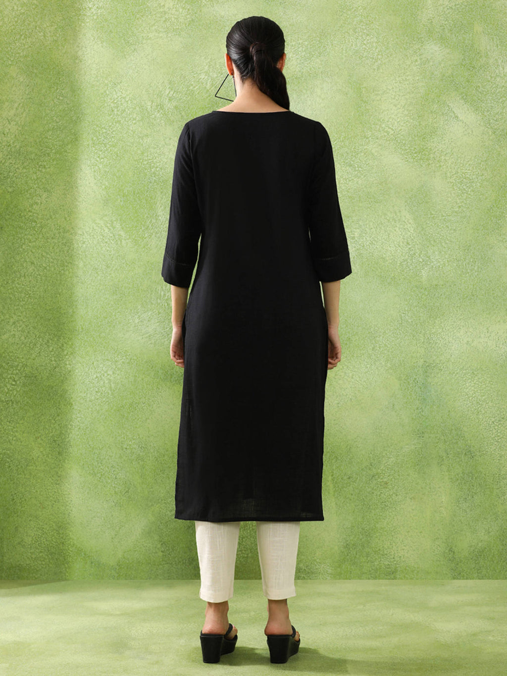 Woven Design Embroidered Straight Pure Cotton Black Kurta | FY93 - view 5
