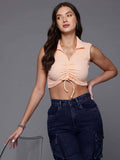 Women Fitted Textured Collar Neck Crop Top | CT61 - view 1