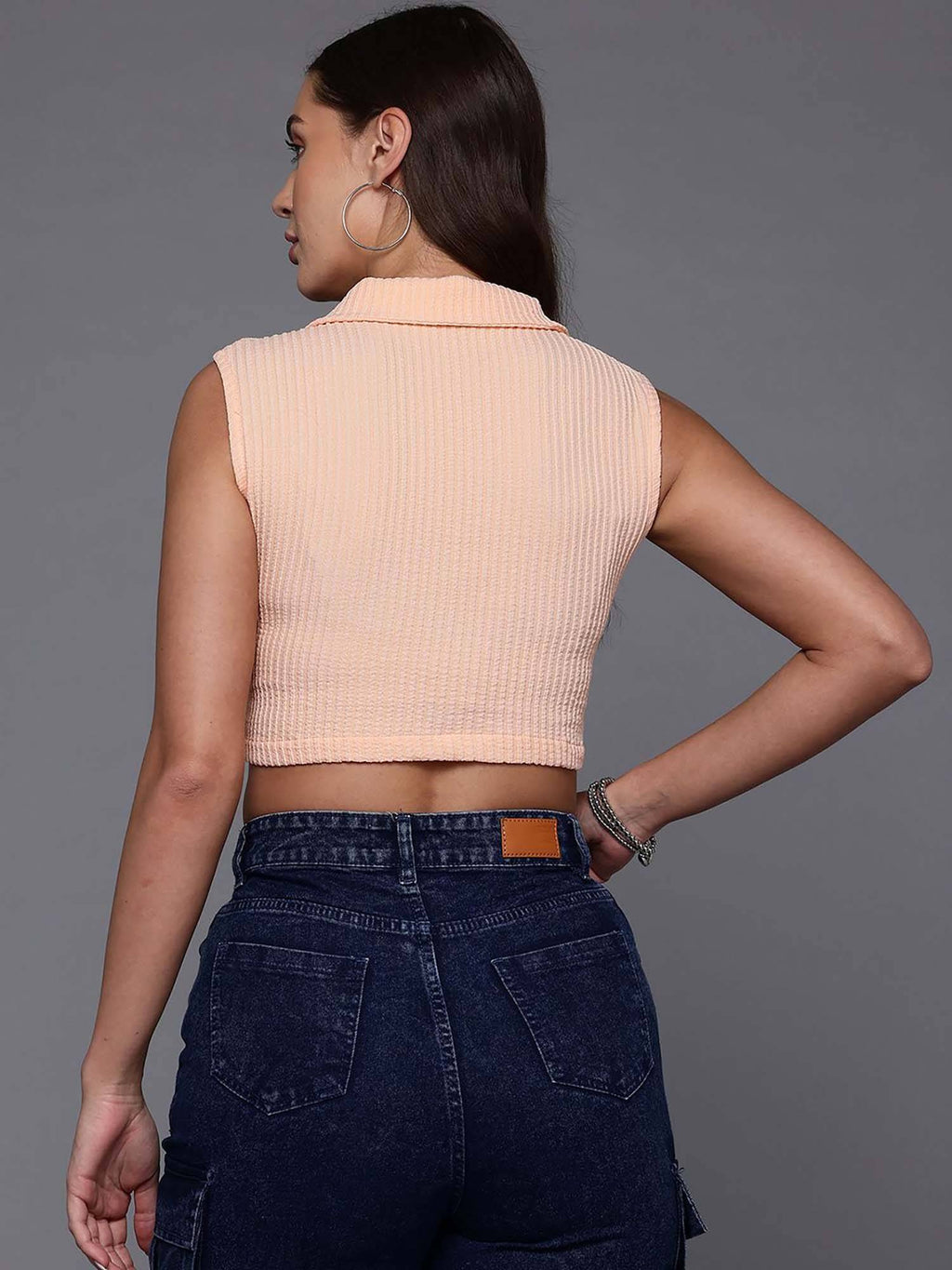 Women Fitted Textured Collar Neck Crop Top | CT61 - view 5