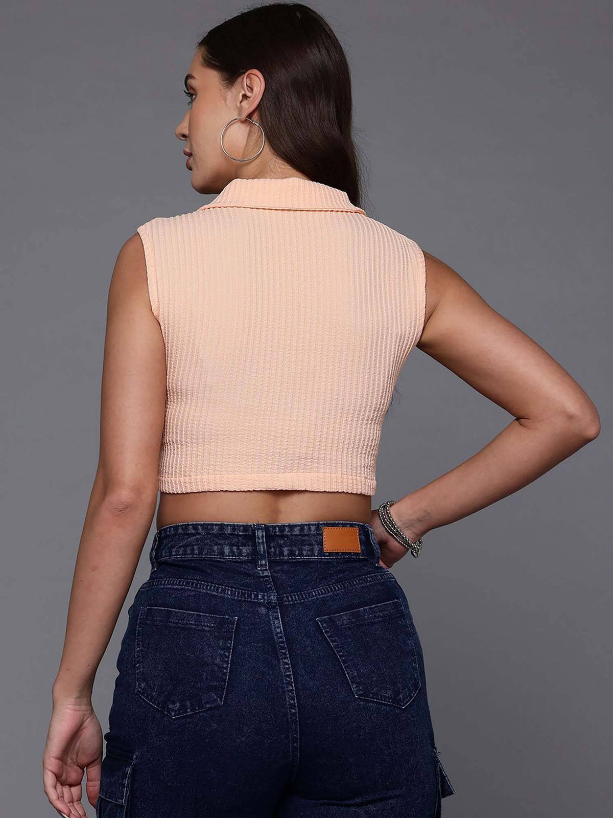 Women Fitted Textured Collar Neck Crop Top | CT61 - view 5