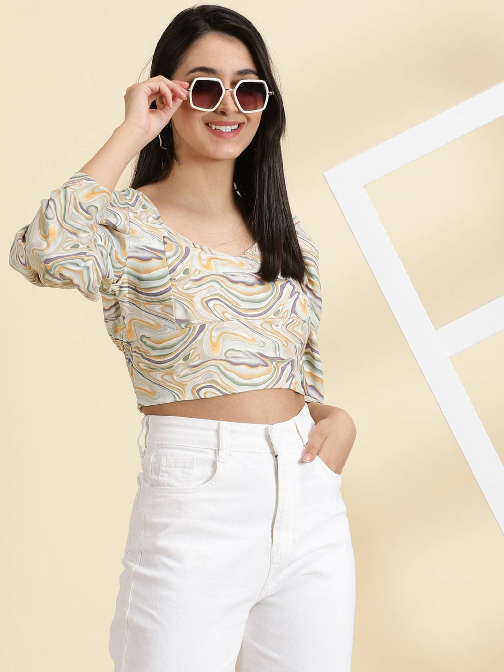 Womens Printed V-Neck Multi Regular Crop Top | CT61 - view 1