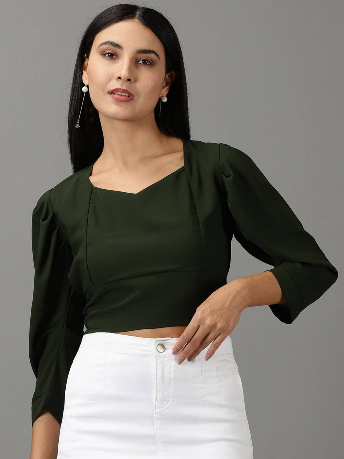 Womens Solid Crop Olive Cinched Waist Crop Top | CT61 - view 1