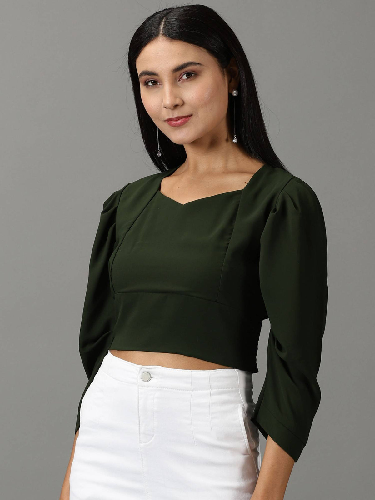 Womens Solid Crop Olive Cinched Waist Crop Top | CT61 - view 3