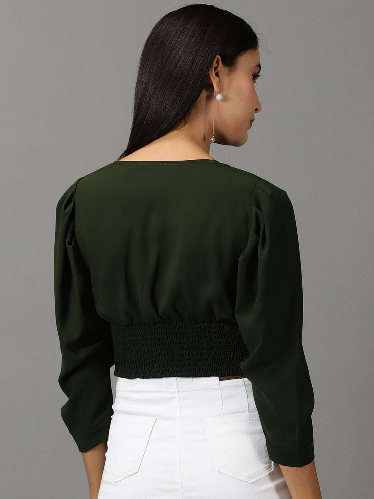 Womens Solid Crop Olive Cinched Waist Crop Top | CT61 - view 4