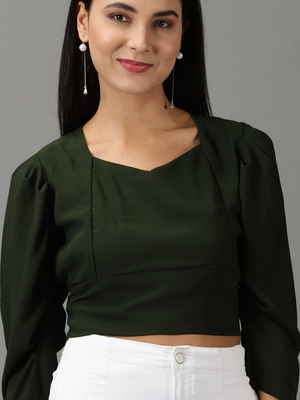 Womens Solid Crop Olive Cinched Waist Crop Top | CT61 - view 5