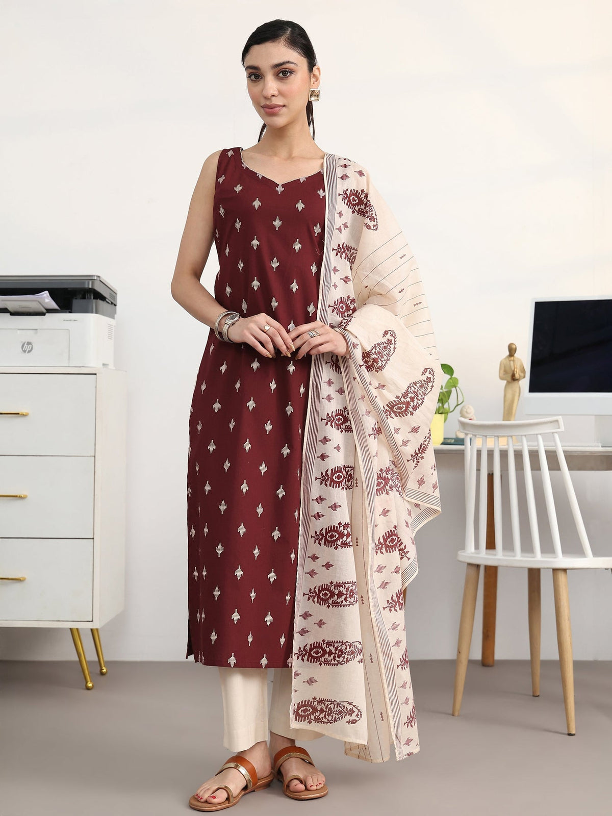 Libas Maroon Ethnic Motifs Printed Cotton Blend Straight Suit Set With Dupatta KS67