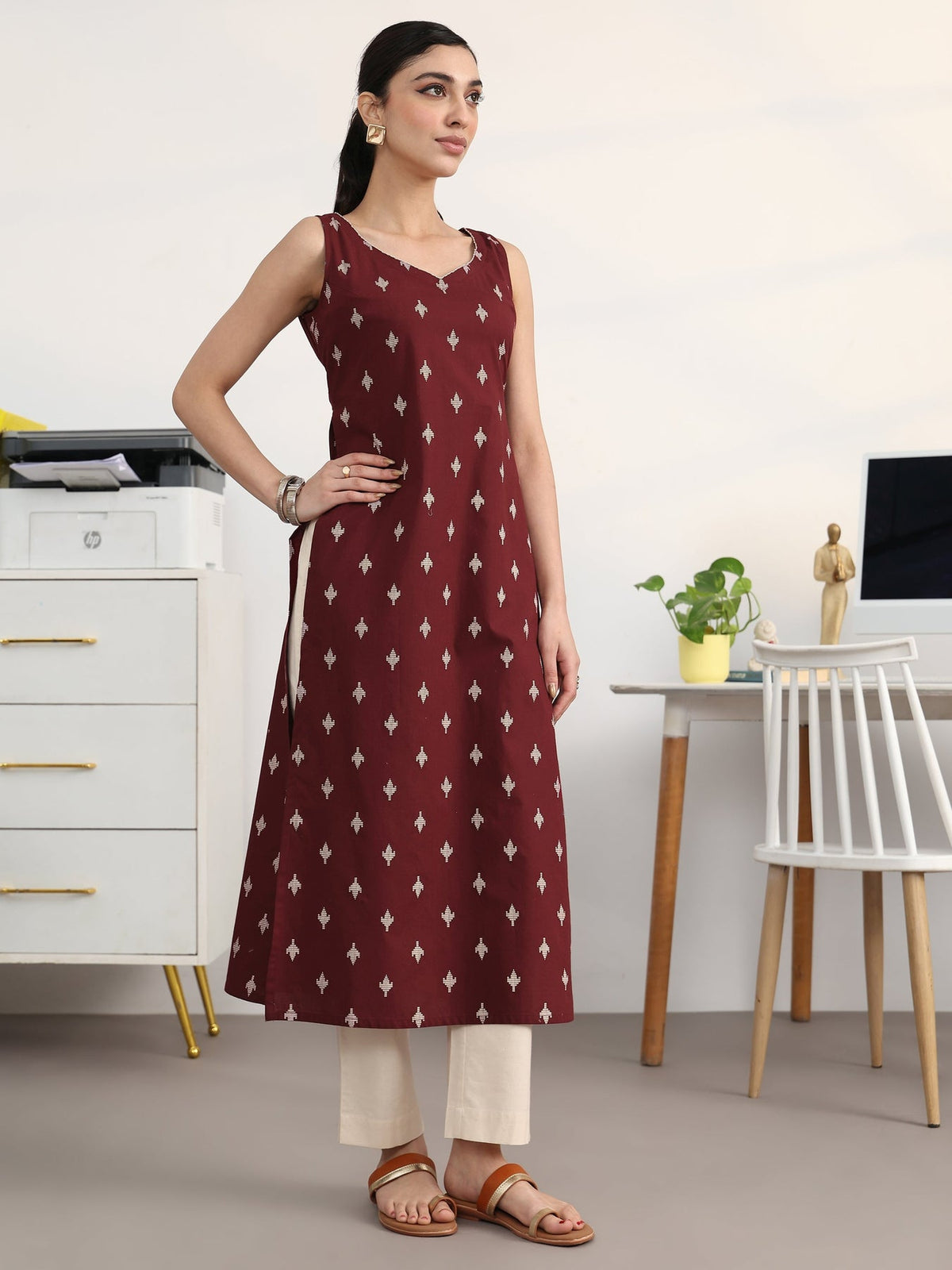 Libas Maroon Ethnic Motifs Printed Cotton Blend Straight Suit Set With Dupatta KS67