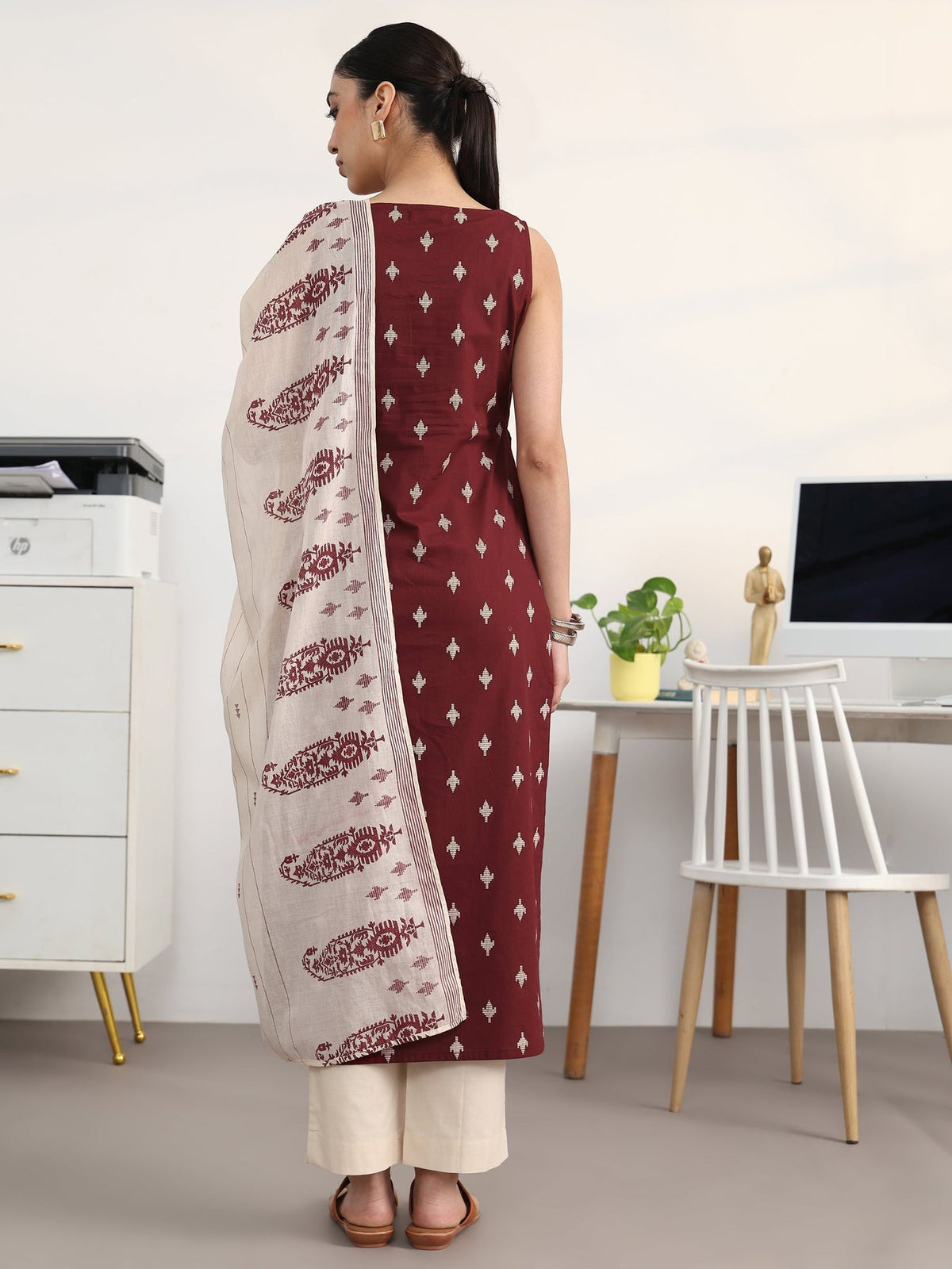 Libas Maroon Ethnic Motifs Printed Cotton Blend Straight Suit Set With Dupatta KS67