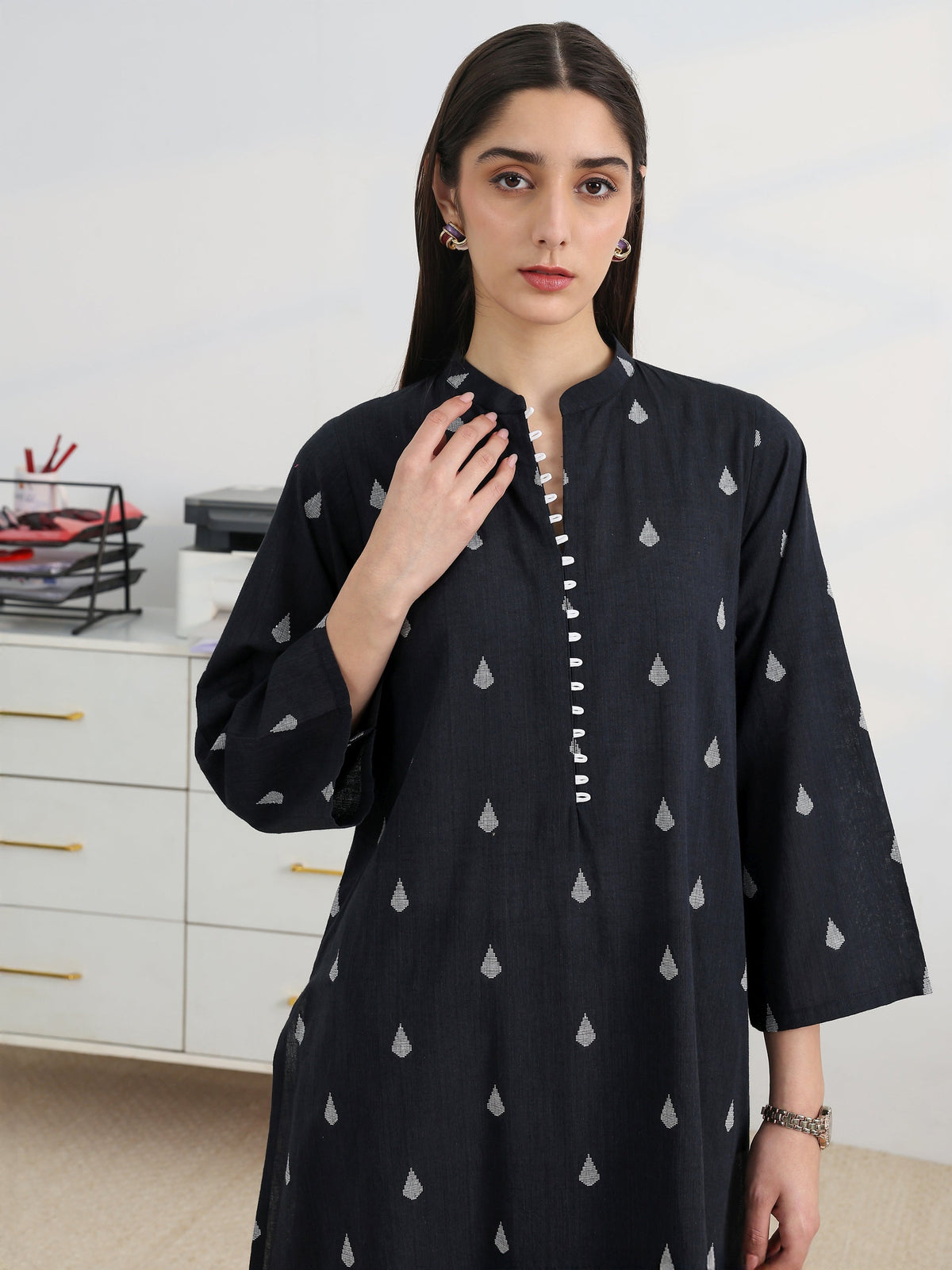 Libas Black Woven Design Cotton Blend A-Line Kurta Set