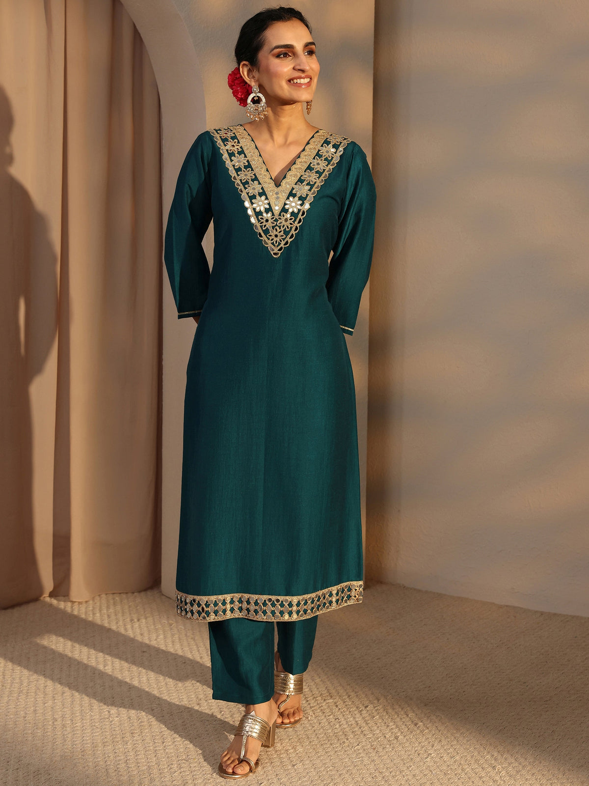 Libas Teal Embroidered Silk Blend Straight Kurta Set
