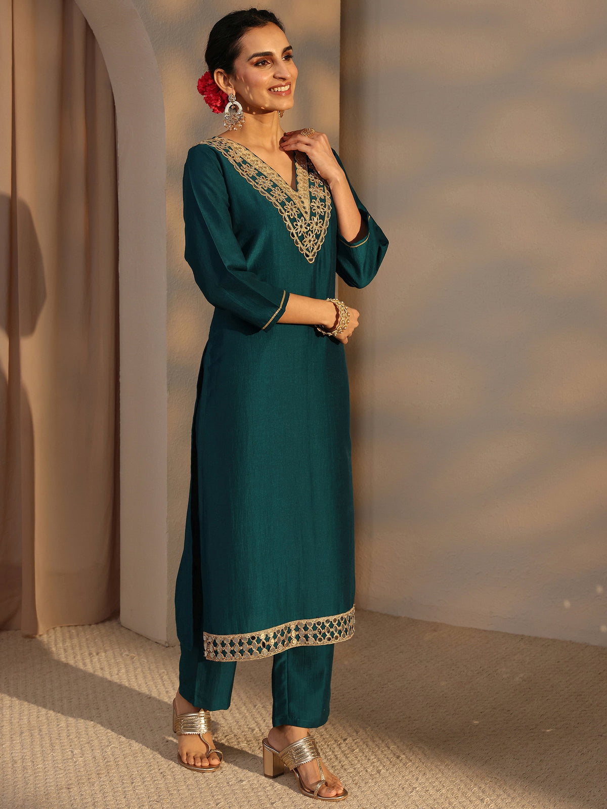 Libas Teal Embroidered Silk Blend Straight Kurta Set
