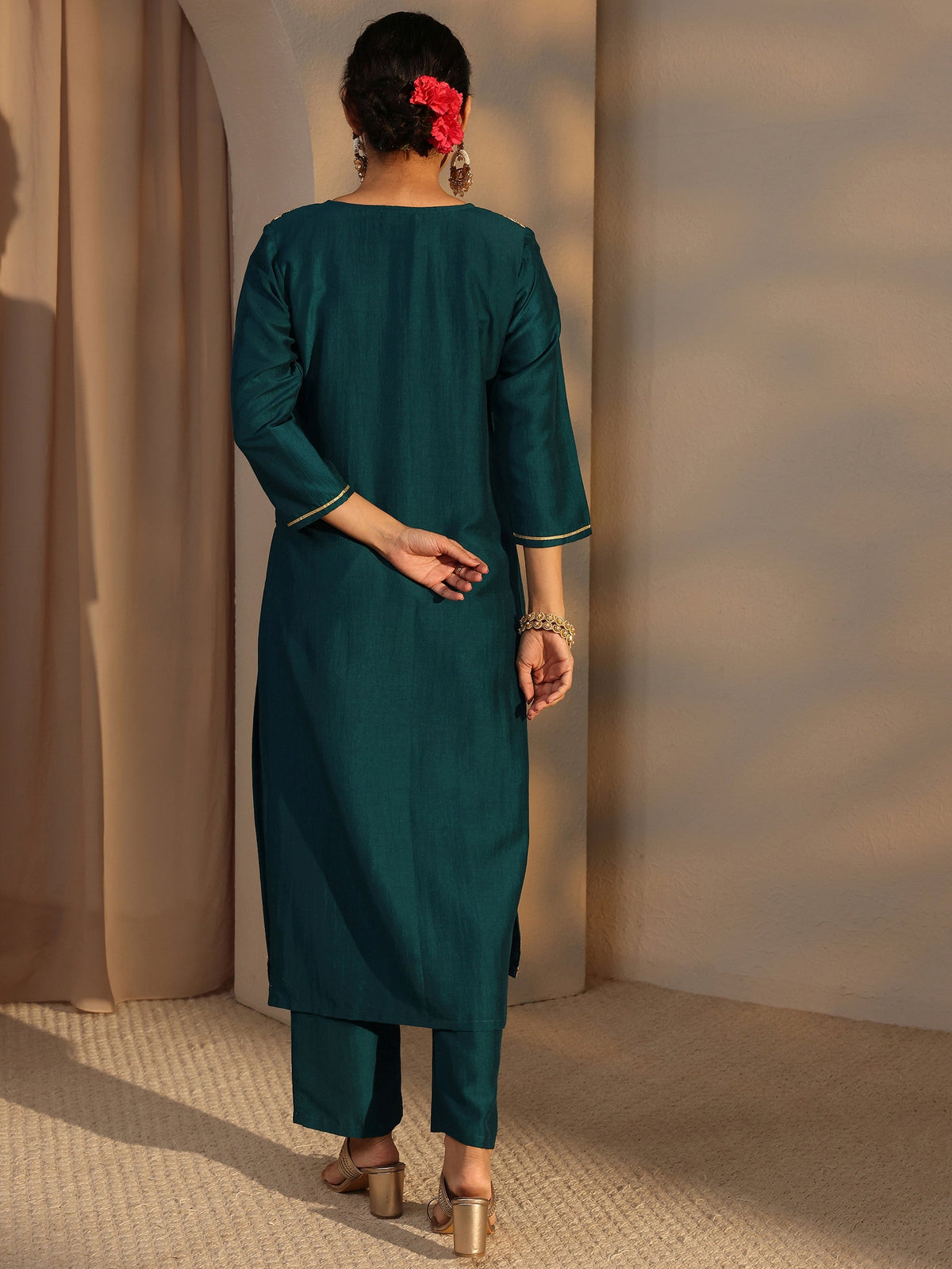 Libas Teal Embroidered Silk Blend Straight Kurta Set