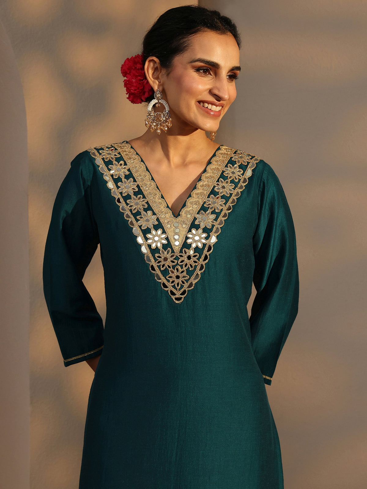 Libas Teal Embroidered Silk Blend Straight Kurta Set