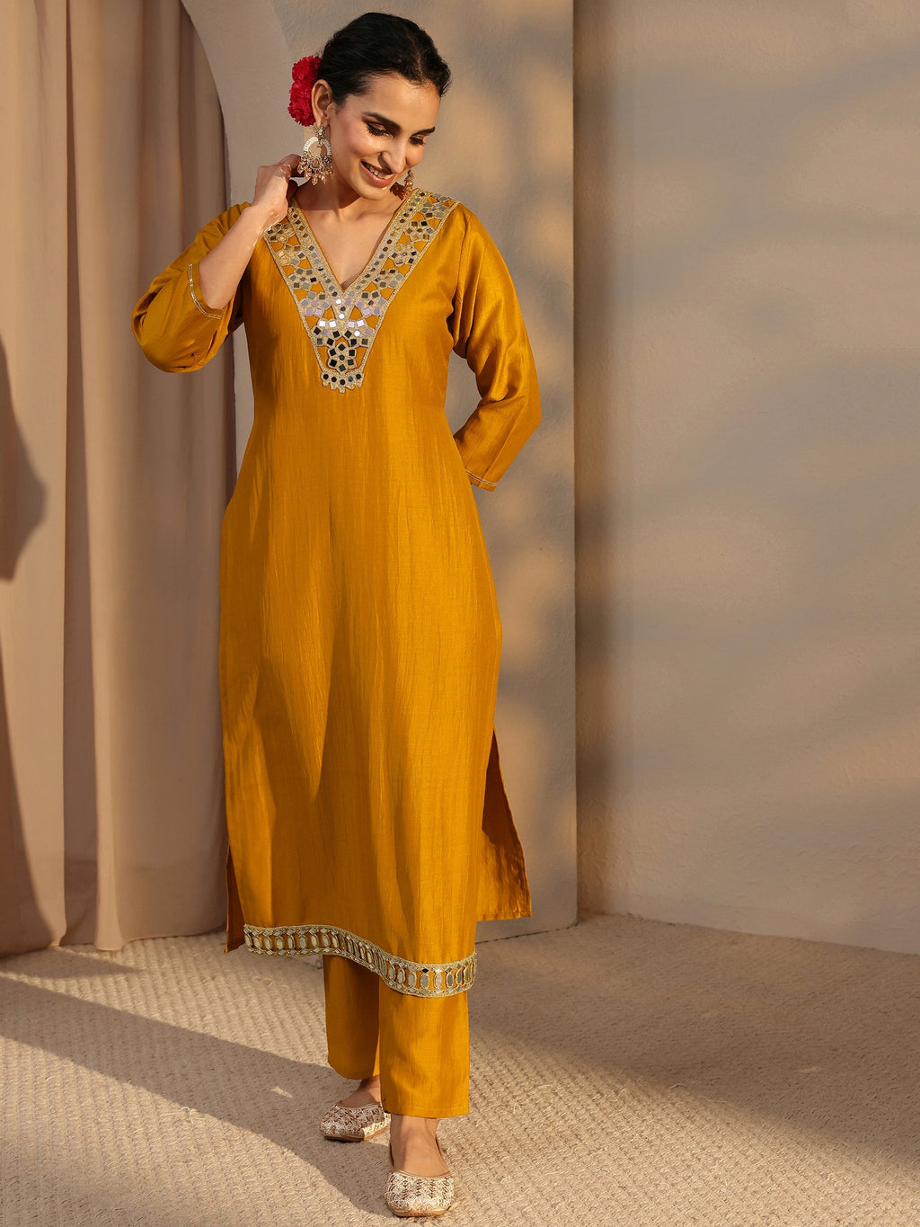 Libas Kaner Mustard Mirror Work Yoke Silk Blend Straight Kurta Set