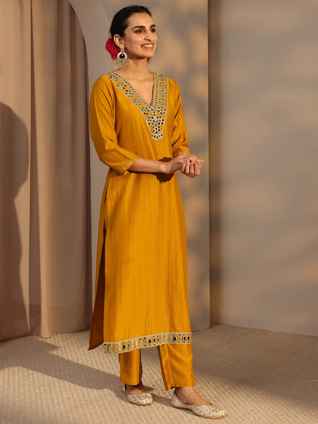 Libas Kaner Mustard Mirror Work Yoke Silk Blend Straight Kurta Set