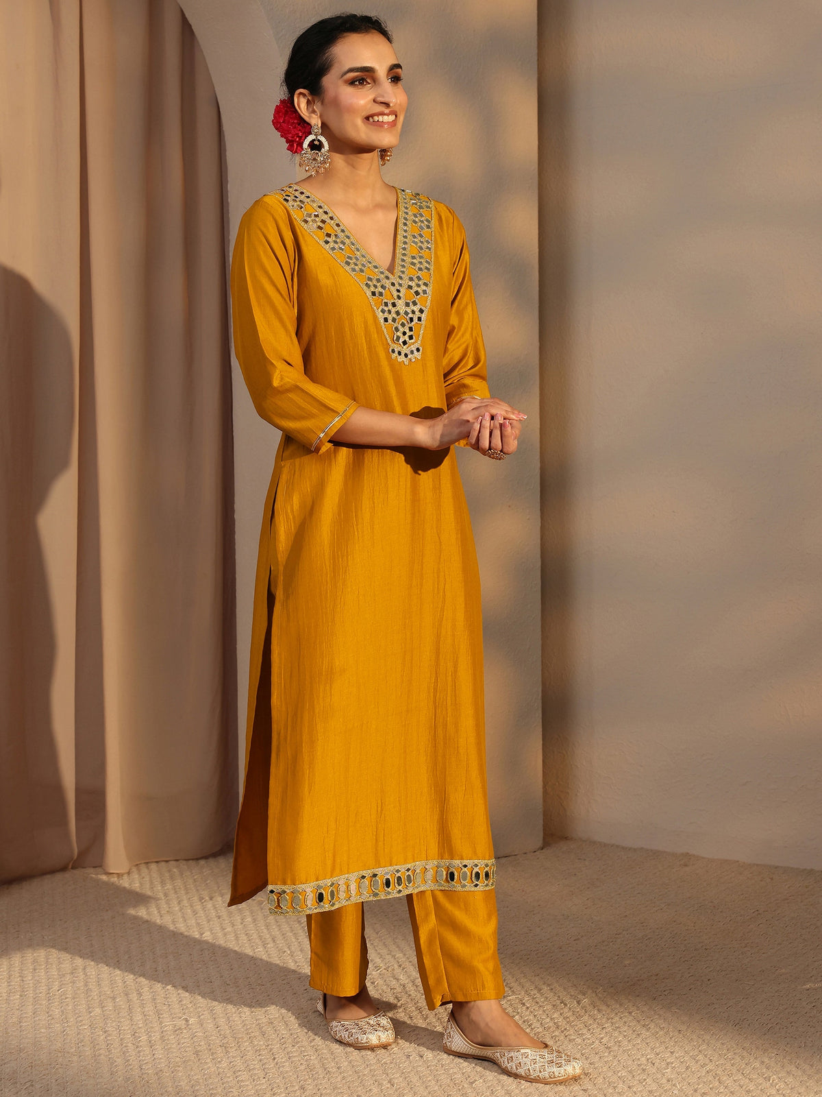 Libas Kaner Mustard Mirror Work Yoke Silk Blend Straight Kurta Set