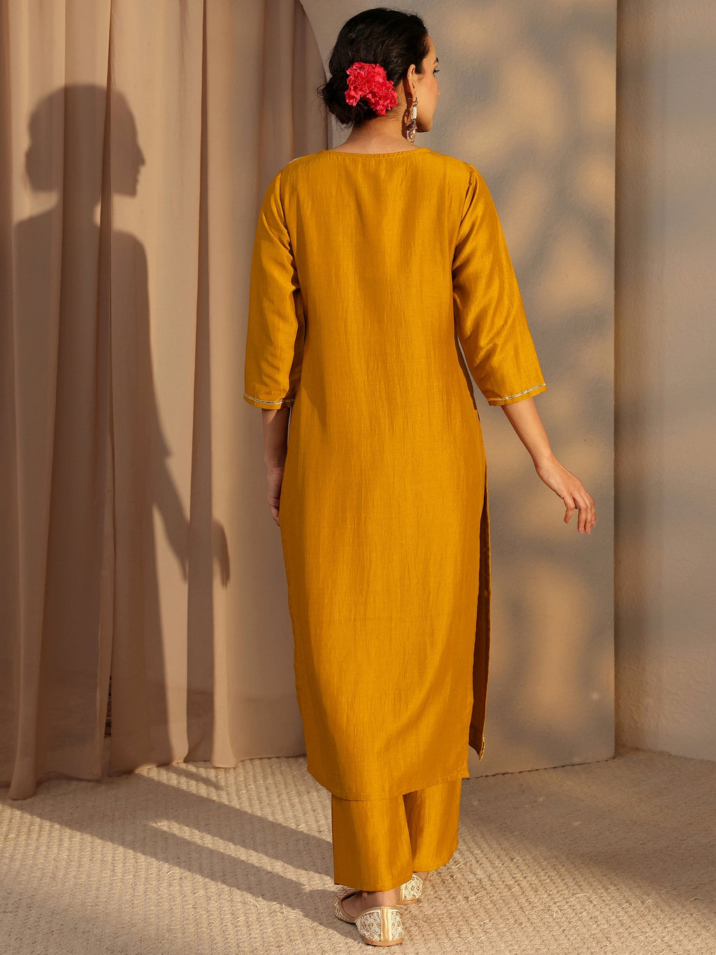 Libas Kaner Mustard Mirror Work Yoke Silk Blend Straight Kurta Set