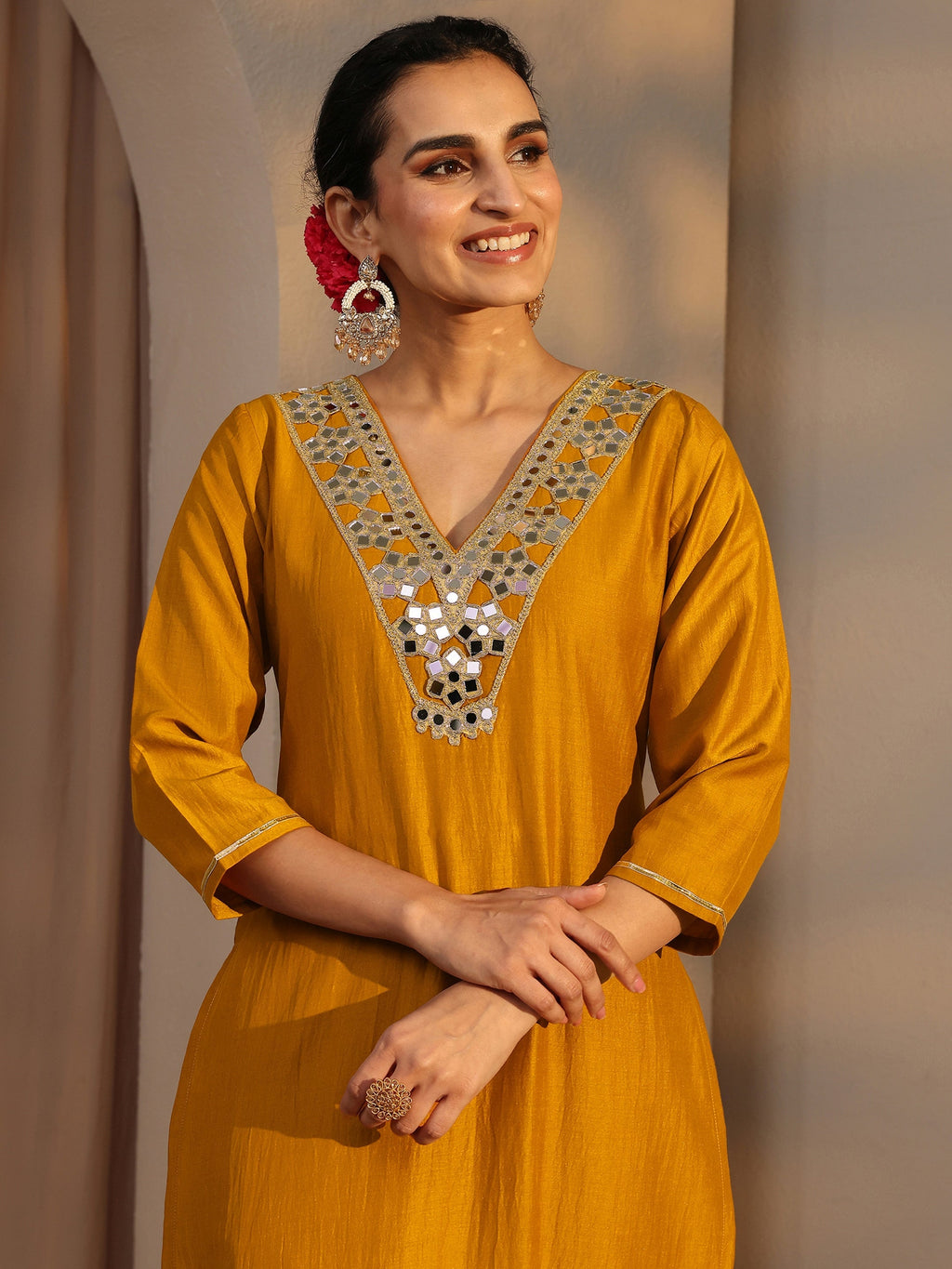 Libas Kaner Mustard Mirror Work Yoke Silk Blend Straight Kurta Set