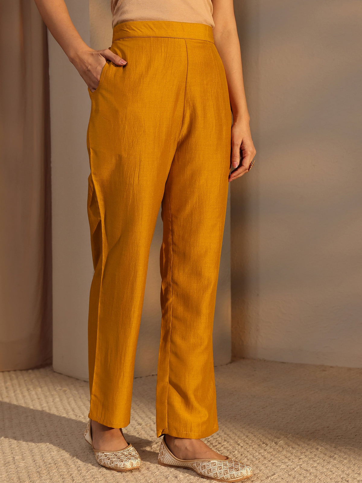 Libas Kaner Mustard Mirror Work Yoke Silk Blend Straight Kurta Set