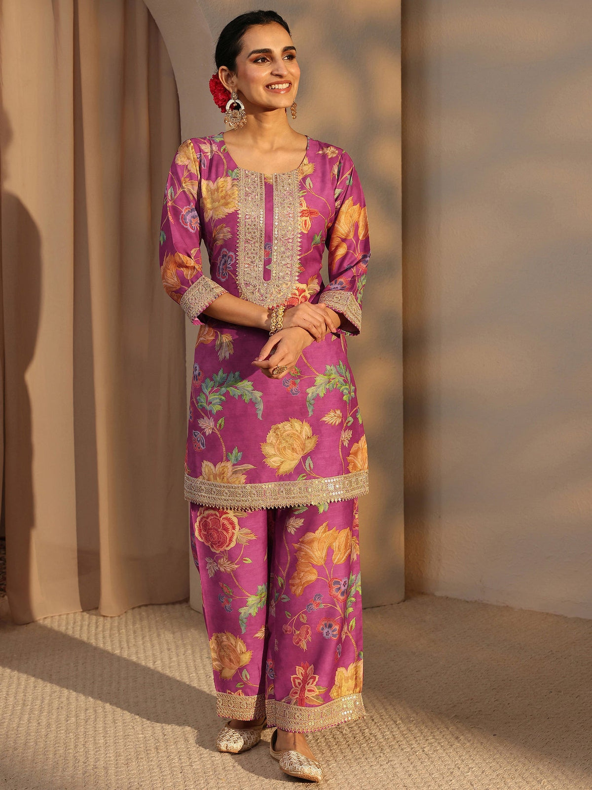 Libas Pink Floral Printed Silk Blend Co-Ord Set CO87
