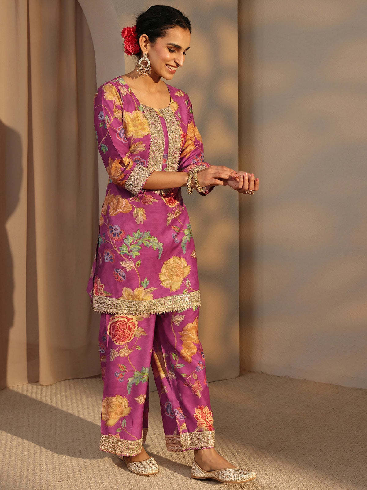 Libas Pink Floral Printed Silk Blend Co-Ord Set CO87