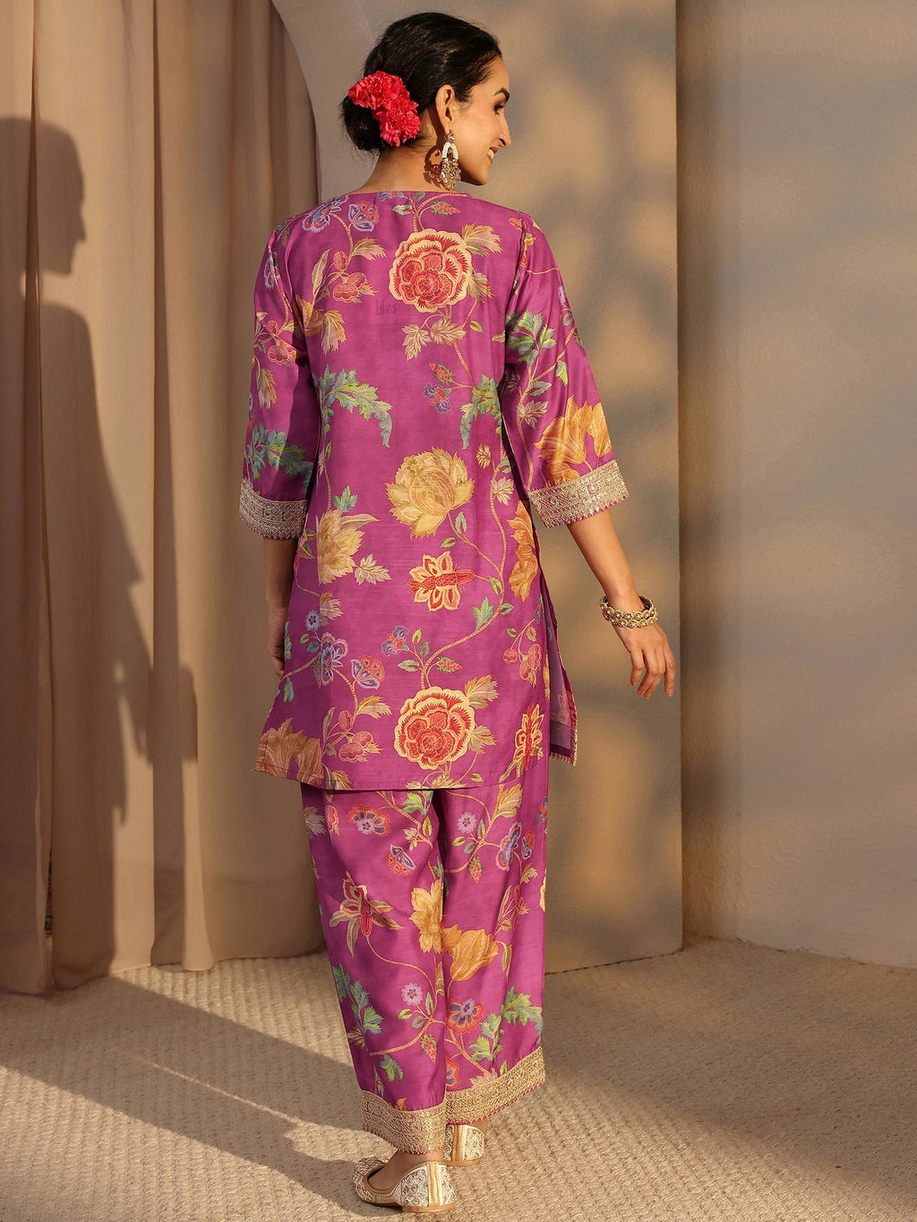 Libas Pink Floral Printed Silk Blend Co-Ord Set CO87