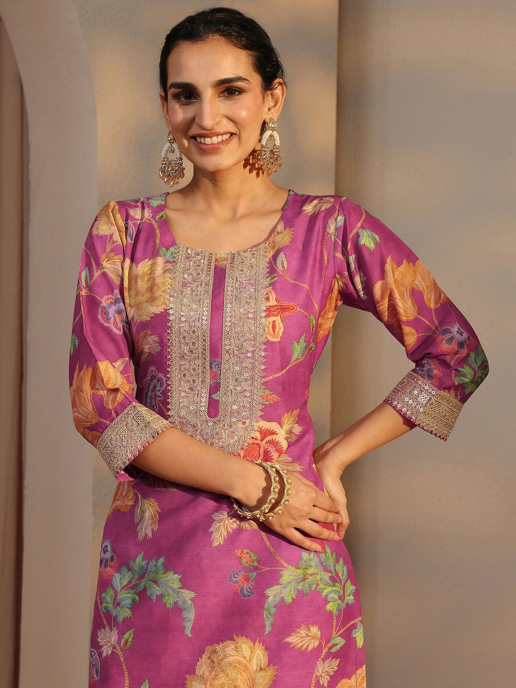 Libas Pink Floral Printed Silk Blend Co-Ord Set CO87