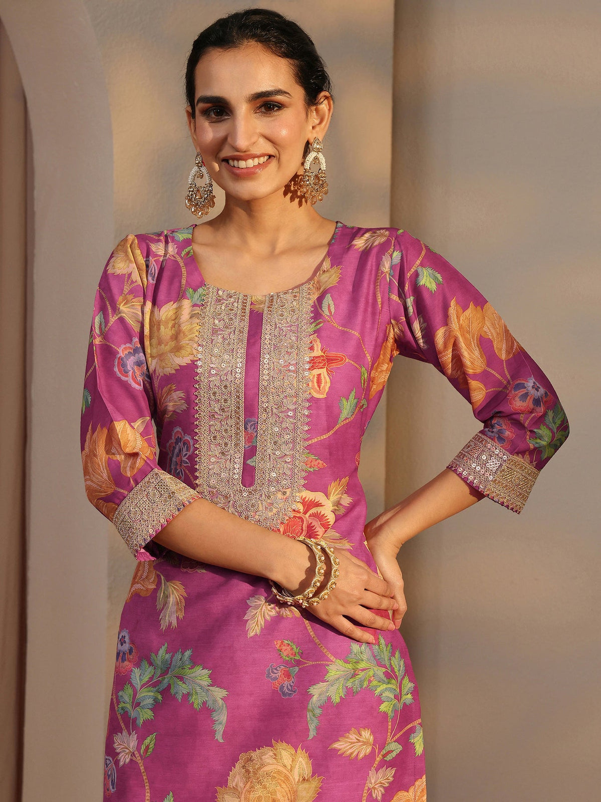 Libas Pink Floral Printed Silk Blend Co-Ord Set CO87