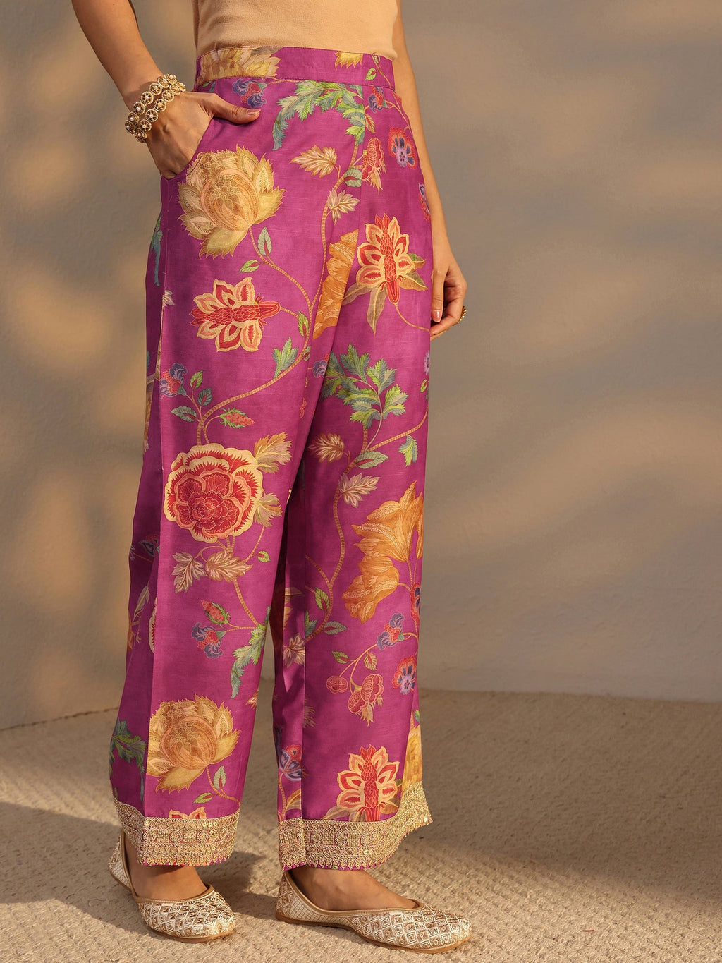 Libas Pink Floral Printed Silk Blend Co-Ord Set CO87
