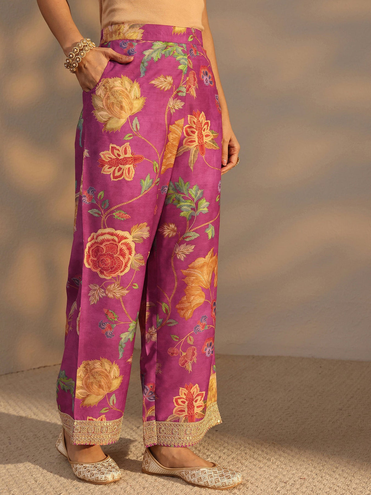 Libas Pink Floral Printed Silk Blend Co-Ord Set CO87