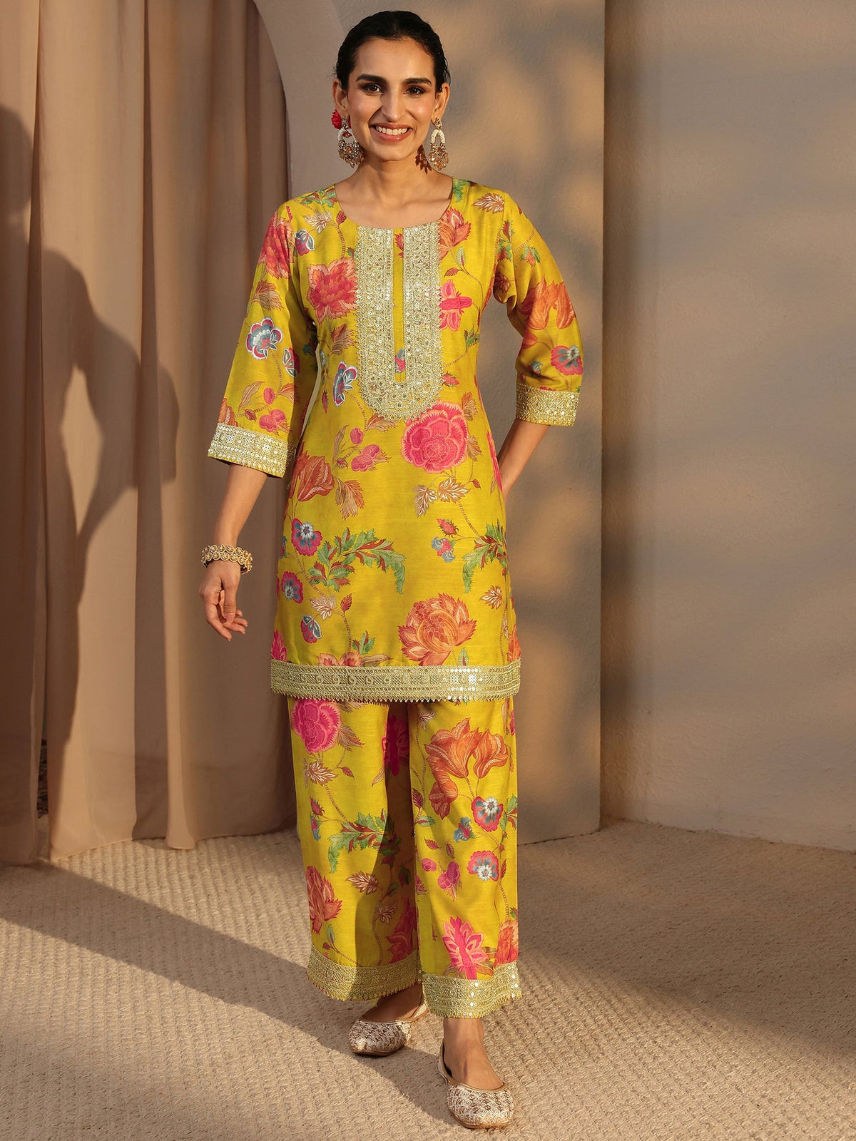 Libas Mustard Floral Printed Silk Blend Co-Ord Set CO87