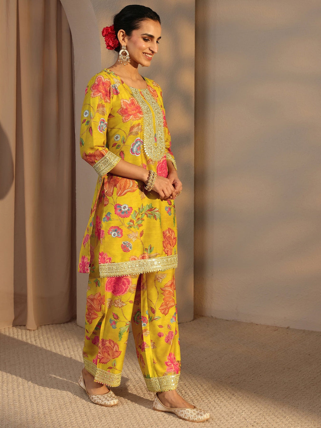 Libas Mustard Floral Printed Silk Blend Co-Ord Set CO87