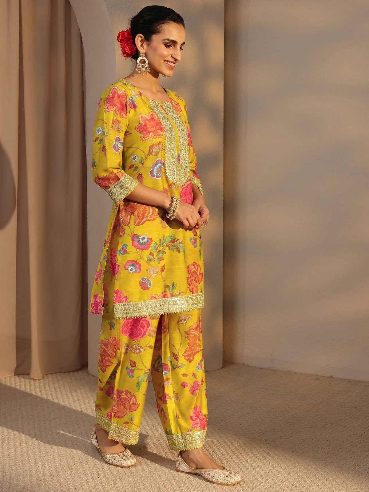 Libas Mustard Floral Printed Silk Blend Co-Ord Set CO87