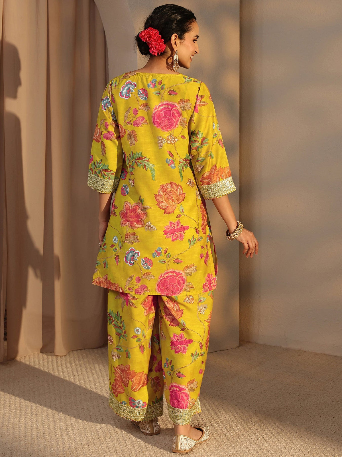 Libas Mustard Floral Printed Silk Blend Co-Ord Set CO87