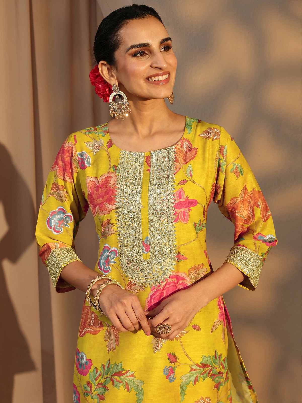 Libas Mustard Floral Printed Silk Blend Co-Ord Set CO87