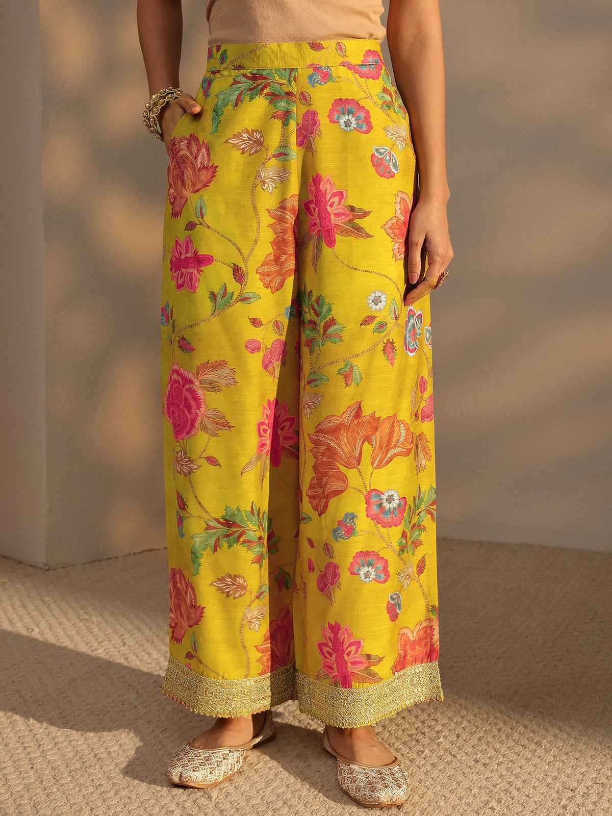 Libas Mustard Floral Printed Silk Blend Co-Ord Set CO87