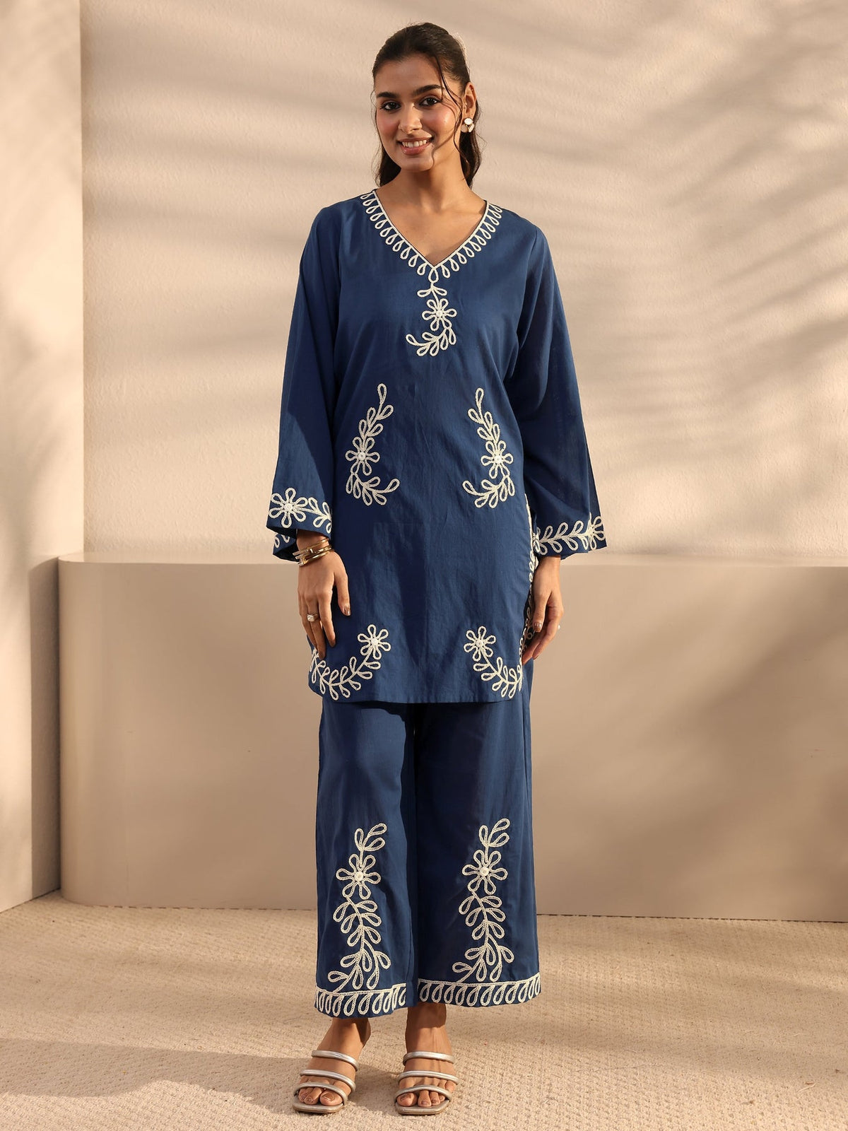 Libas Blue Floral Embroidered Cotton Co-Ord Set CO87