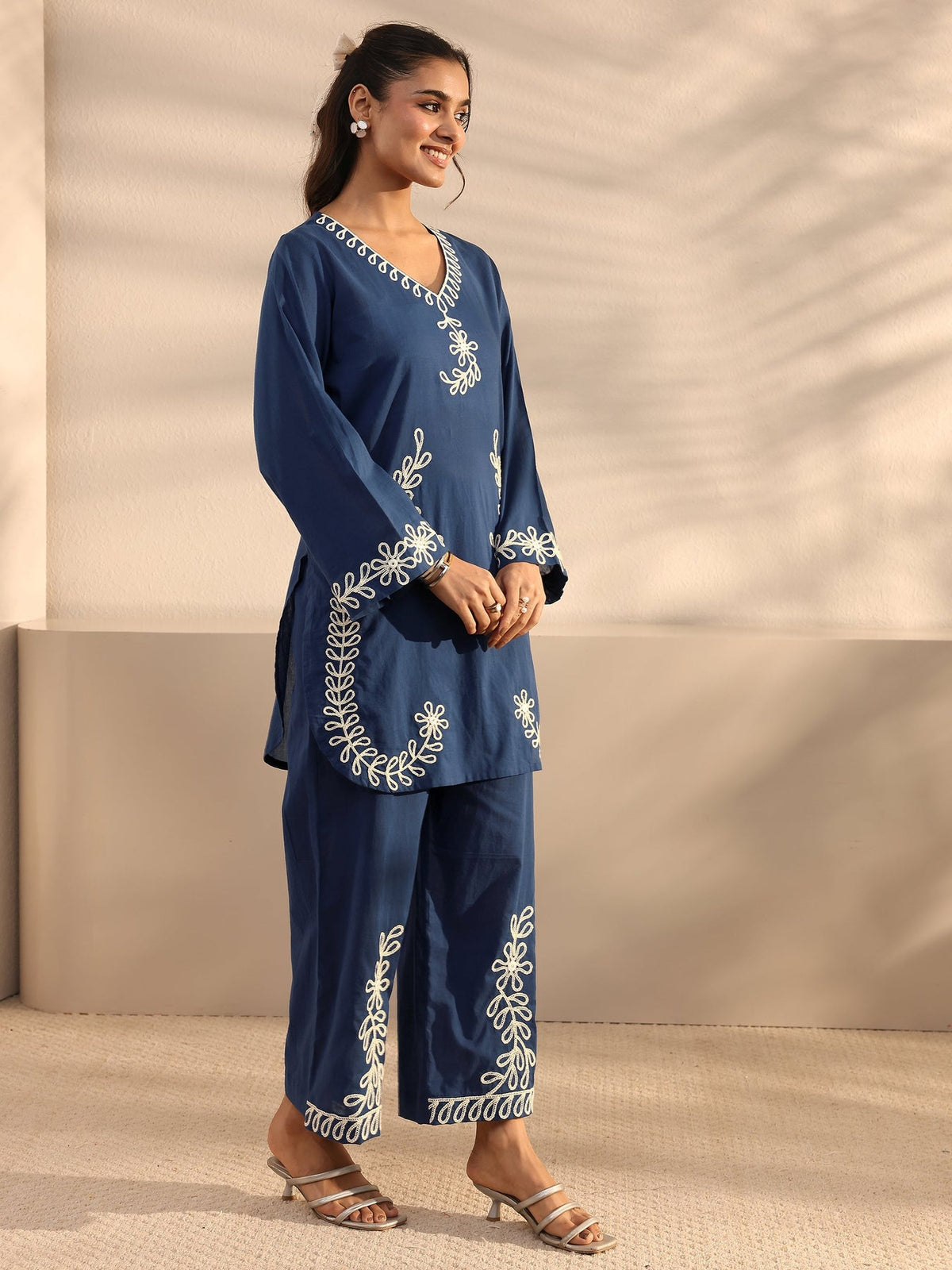 Libas Blue Floral Embroidered Cotton Co-Ord Set CO87
