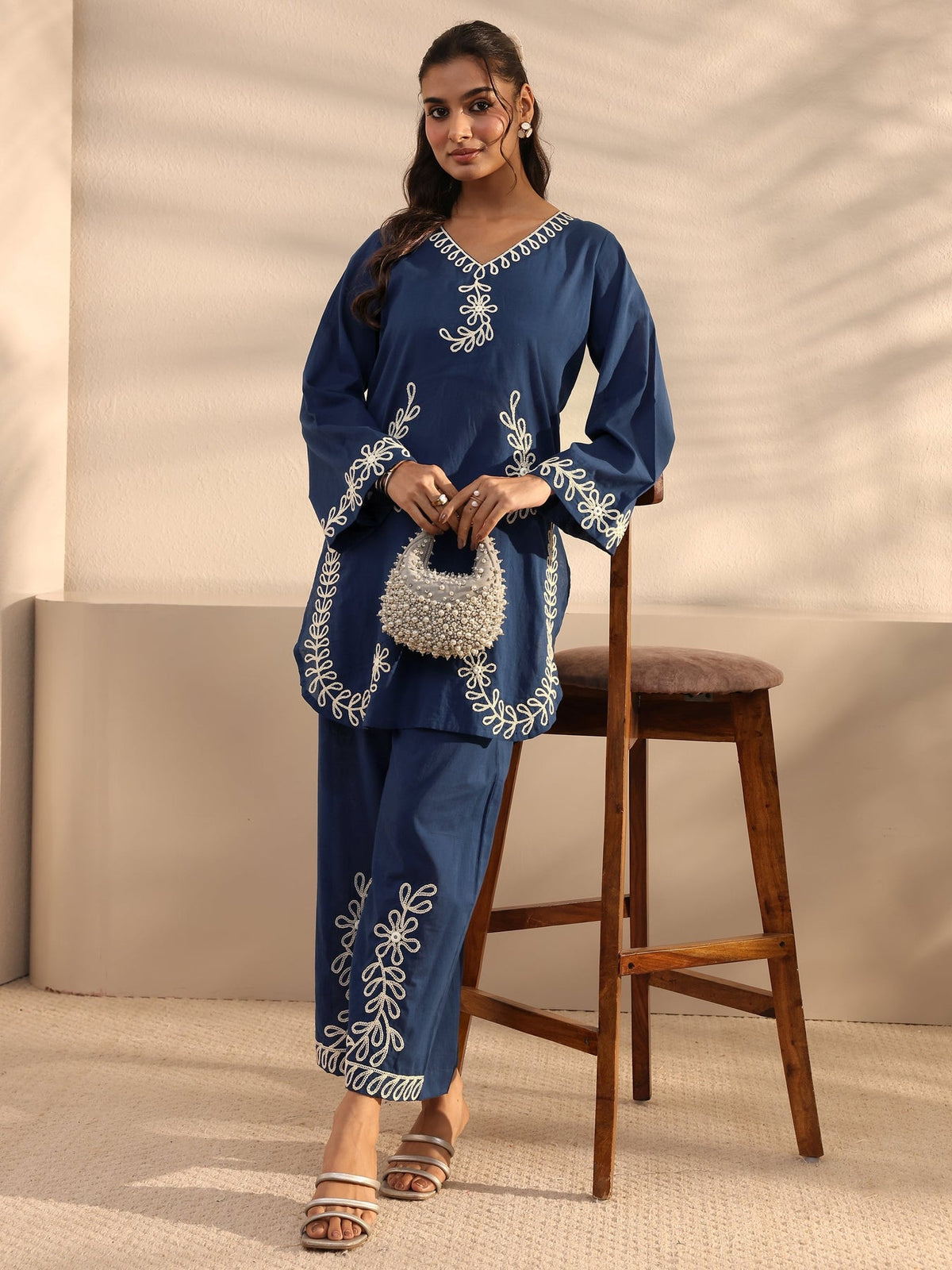 Libas Blue Floral Embroidered Cotton Co-Ord Set CO87